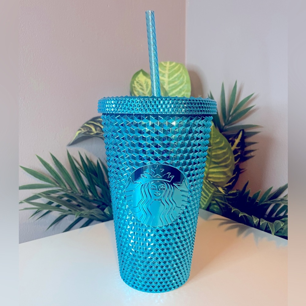 NWT 💙Starbucks Blue Chrome Studded Tumbler Grande cold cup 16oz with straw